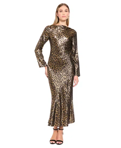 Donna Morgan Women's Animal-print Long-sleeve Boat-neck Midi Dress In Brown