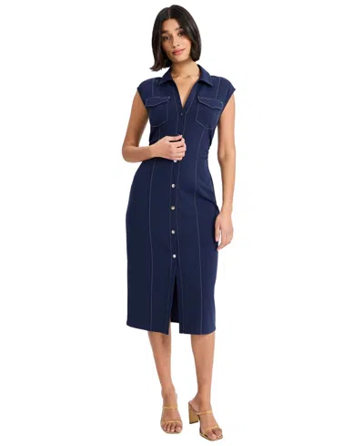 Donna Morgan Cap Sleeve Button Front Midi Dress In Blue