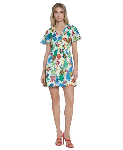 Donna Morgan Women's Cotton Tropical-print Mini Dress In Ivory,pool Blue