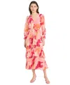 Donna Morgan Women's Floral-print Belted Tiered Shirtdress In Cream,magenta