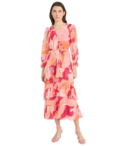 Donna Morgan Women's Floral-print Belted Tiered Shirtdress In Cream,magenta