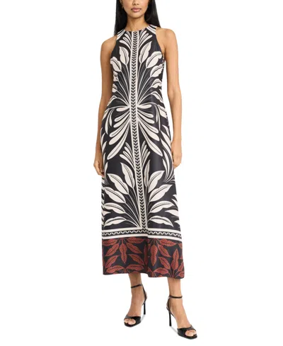Donna Morgan Women's Halter Border-print Maxi Dress In Black,rust