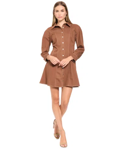 Donna Morgan Women's Long-sleeve Mini Denim Shirt Dress In Brown