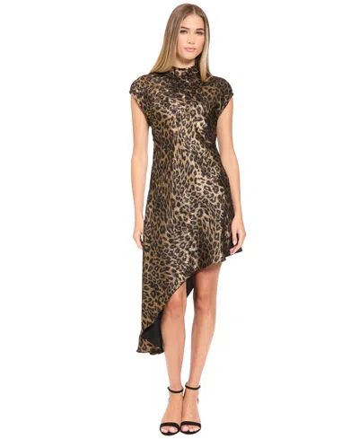 Donna Morgan Women's Metallic Leopard-print Asymmetrical High-low Midi Dress In Brown