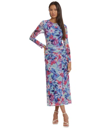 Donna Morgan Women's Printed Ruched Maxi Dress In French Blue,berry