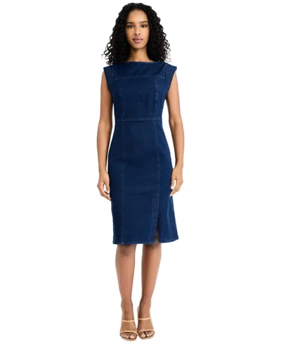 Donna Morgan Sleeveless Denim Sheath Dress In Blue