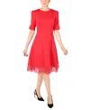 Donna Ricco Donna Rico Women's Elbow-sleeve Lace-hem Knit Dress In Red