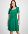 Donna Ricco Donna Rico Women's Square-neck Belted Short-sleeve Dress In Grass