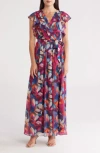 Donna Ricco Floral Flutter Sleeve Pleated Maxi Dress