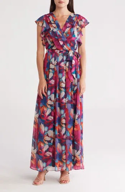 Donna Ricco Floral Flutter Sleeve Pleated Maxi Dress