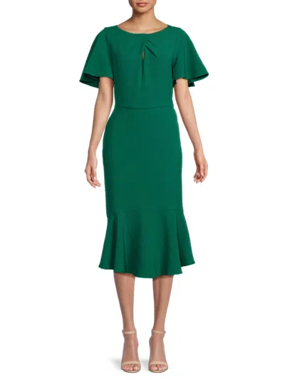 knee length dresses for ladies Donna Ricco Floral High Mock Neckline Short Puffed Sleeves Inset Waistline  A-Line Front-Side Slit Faux-Wrap Hem Midi Dress