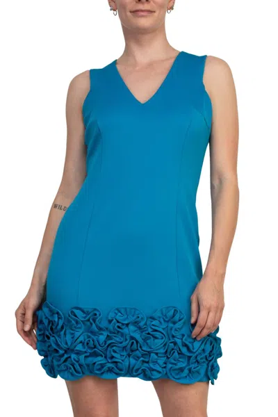 Donna Ricco Women's V Neck Sleeveless Zipper Back Ruffled Hem Scuba Dress In Cerulean In Blue