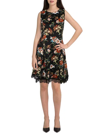 Donna Ricco Womens Floral Knee Fit & Flare Dress In Black