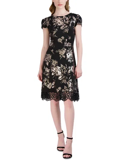 Donna Ricco Womens Floral Print Knee Length Fit & Flare Dress In Black