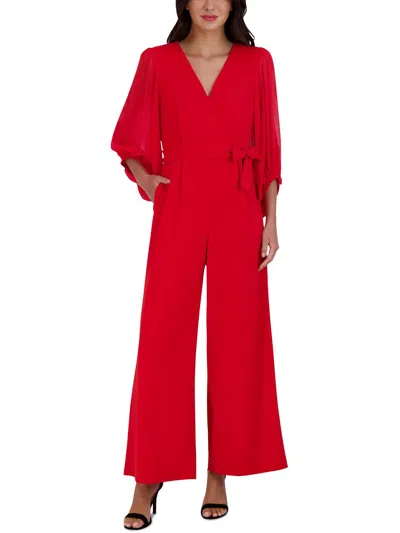 Donna Ricco Womens Surplice Neck Balloon Sleeves Jumpsuit In Red