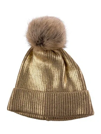 Pre-owned Donna Salyers Gold  Beanie Hat With Pon Pon Embellishment