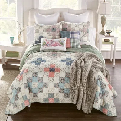 Donna Sharp April Patch 3pc Shabby Chic Pieced Cotton King Quilt Set In Blue;white;green;pink