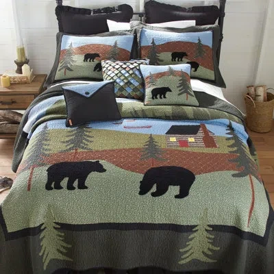 Donna Sharp Bear Lake Appliqued Pieced Cotton Quilt Collection In Blue;black;brown;green