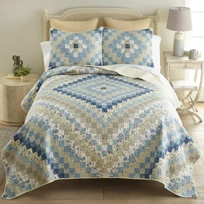 Donna Sharp Blue Diamond Quilt Set In Blue;brown;white;beige;yellow;cream;ivor