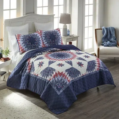 Donna Sharp Bluefield Star 3pc Americana Quilt Set In Blue;white;gray;red;pink;cream;navy