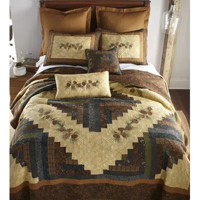 Donna Sharp Cabin Raising Pine Cone Embroidered Pieced Cotton Lodge Quilt In Blue;brown;green;beige;pink;purple;cream