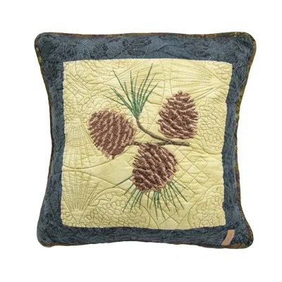 Donna Sharp Cabin Raising Pine Cone Embroidered Pieced Cotton Quilted Decor Pillow In Brown;green;beige;gold;tan;teal