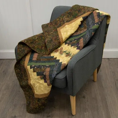 Donna Sharp Cabin Raising Pine Cone Embroidered Pieced Cotton Quilted Lodge Throw In Blue;brown;green;beige;pink;purple;cream