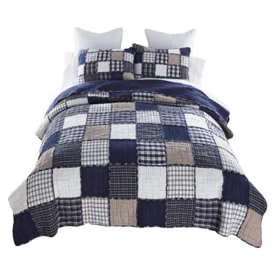 Donna Sharp Checkerboard Indigo 3pc Ragged Pieced Cotton Quilt Set In White;tan;navy