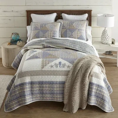 Donna Sharp Coastal Star Embroidered Pieced Cotton Patchwork Quilt Set In Blue;beige;ivory;tan