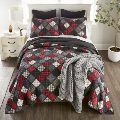 Donna Sharp Lumberjack 3pc Ragged Pieced Cotton Quilt Set In Black;gray;red;ivory;tan
