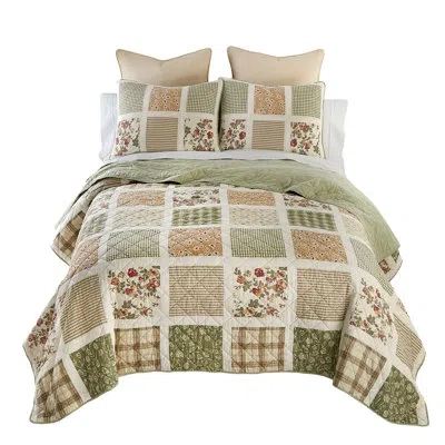 Donna Sharp Peach Rose Shabby Chic Pieced Cotton 3pc Quilt Set In Green;red;beige;pink;orange;ivory;tan