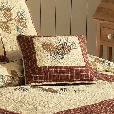 Donna Sharp Pine Lodge Pinecone Embroidered Quilted Pieced Cotton Decor Pillow In Brown;green;red;beige;gold;ivory
