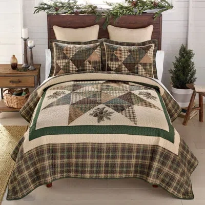 Donna Sharp Pine Star Embroidered Pieced Cotton 3pc Lodge Quilt Set In Brown;green;beige