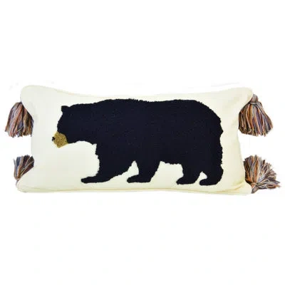 Donna Sharp Retro Forest Embroidered Bear Tasseled Throw Pillow In Blue;black;brown;orange;ivory;tan;navy