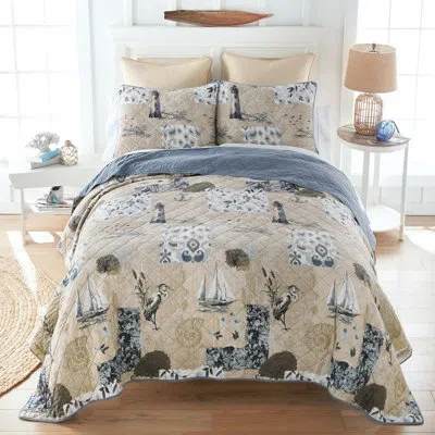 Donna Sharp Seascape 3pc Cotton Coastal Quilt Set In Blue;brown;white;beige;ivory;navy