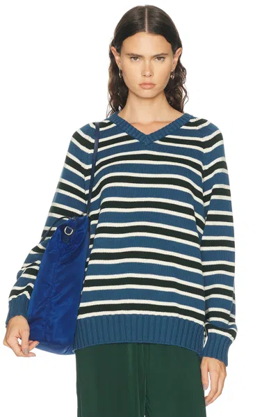 Donni The Cotton Knit Stripe V-neck Sweater In Blue