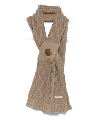 Donsje Kids' Aatos Cable-knit Bear-embroidered Scarf In Brown
