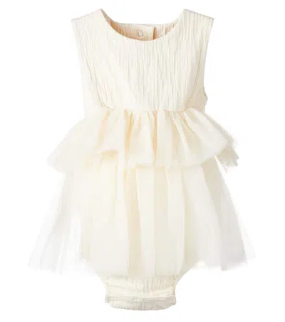 Donsje Baby Aamina Tulle-trimmed Jersey Onesie In Pearl
