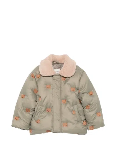 Donsje Babies' Bear-embroidered Shearling Collar Jacket In Green