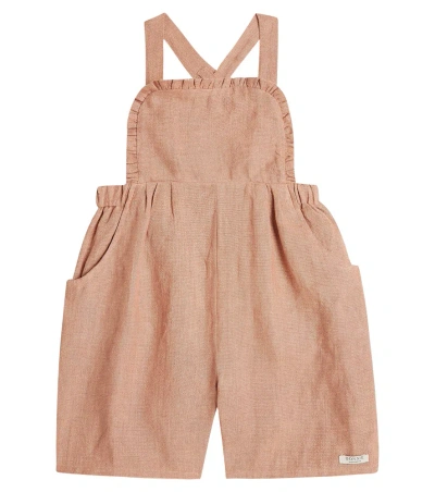 Donsje Kids' Girls Pink Linen Dungaree Shorts In Orange