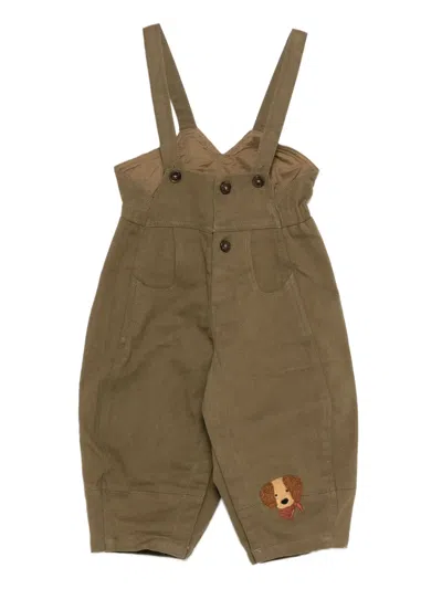 Donsje Babies' Button-fastening Dog-embroidery Dungarees In Brown