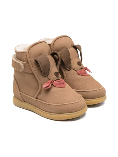 Donsje Kids' Dog-face Shearling Boots In Brown