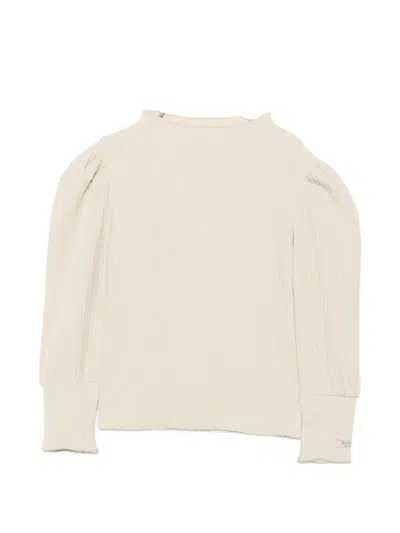 Donsje Kids' Louena Ribbed-knit Puff-sleeve Top In Neutrals