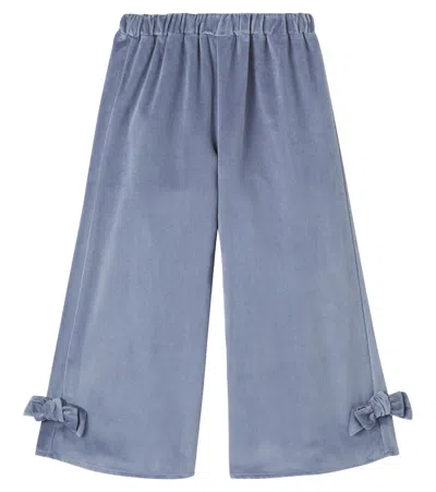 Donsje Kids' Nolien Bow-detail Cotton Velvet Pants In Blue