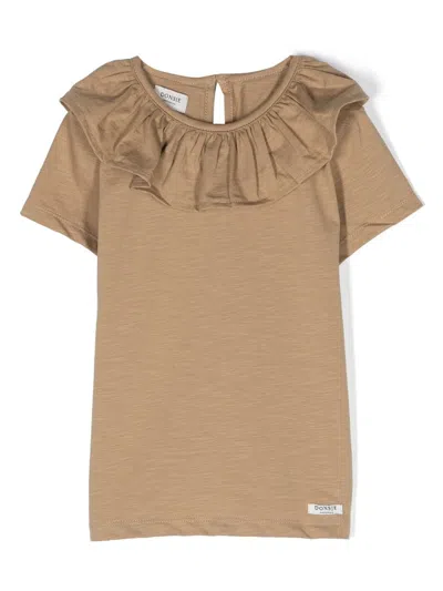 Donsje Kids' Ruffle-collar Stretch-cotton T-shirt In Brown