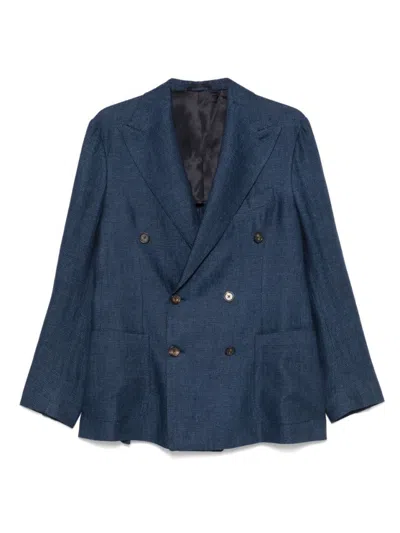 DOPPIAA INDIGO BLUE DOUBLE-BREASTED BLAZER WITH SIDE PATCH POCKETS