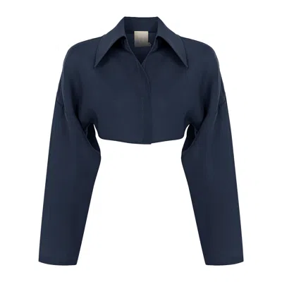 Dor Raw Luxury Women's Blue Words Linen Shirt - Navy