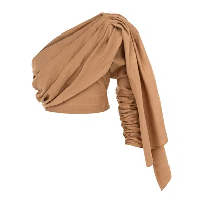 Dor Raw Luxury Women's Brown Random Luck Linen Blouse - Camel