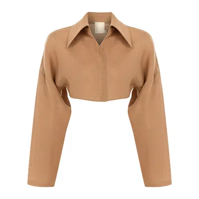 Dor Raw Luxury Women's Brown Words Linen Shirt - Camel