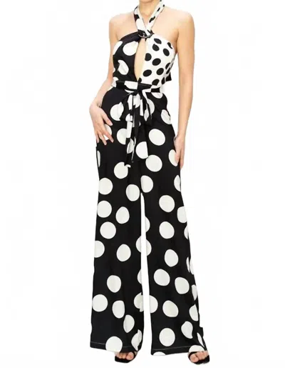 Dorcas O-ring Halter Neck Polka Dot Jumpsuit In Black/ White In Multi